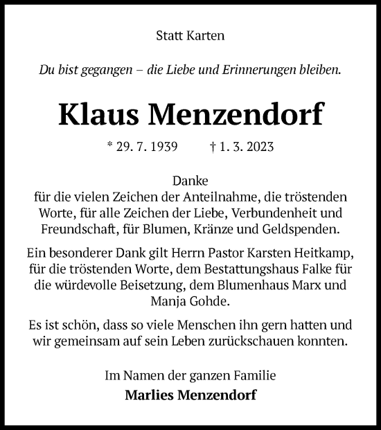 Traueranzeige von Klaus Menzendorf von UEL