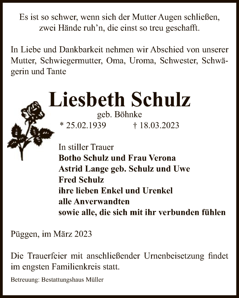  Traueranzeige für Liesbeth Schulz vom 23.03.2023 aus UEL