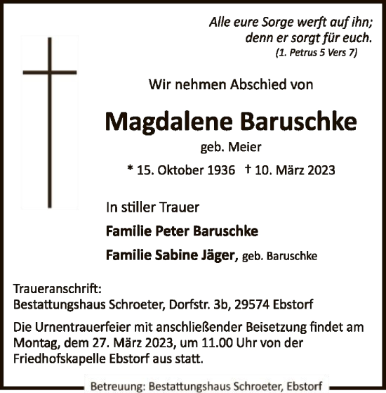 Traueranzeige von Magdalene Baruschke von UEL