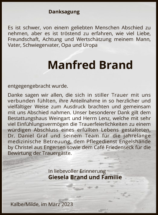 Traueranzeige von Manfred Brand von UEL