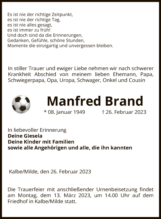 Traueranzeige von Manfred Brand von UEL