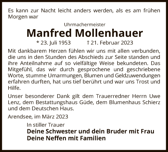 Traueranzeige von Manfred Mollenhauer von UEL