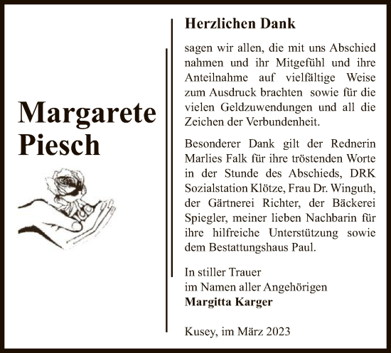 Traueranzeige von Margarete Piesch von UEL