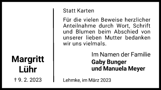 Traueranzeige von Margritt Lühr von UEL