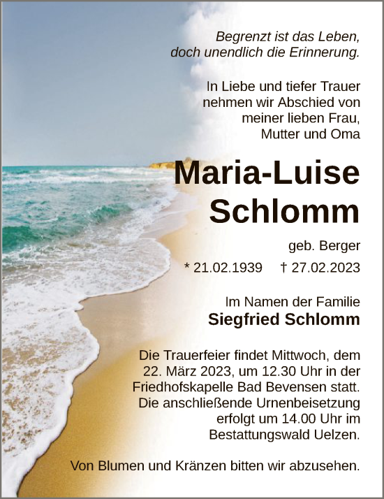 Traueranzeige von Maria-Luise Schlomm von UEL