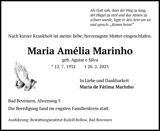 Traueranzeige von Maria Amélia Marinho von UEL