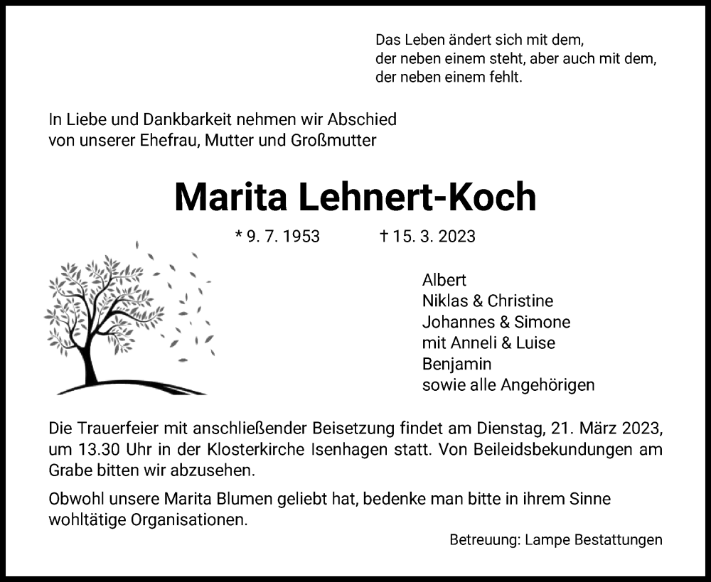  Traueranzeige für Marita Lehnert-Koch vom 18.03.2023 aus UEL