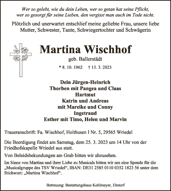 Traueranzeige von Martina Wischhof von UEL