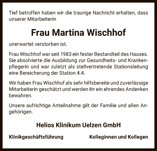 Traueranzeige von Martina Wischhof von UEL