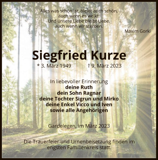 Traueranzeige von Siegfried Kurze von UEL