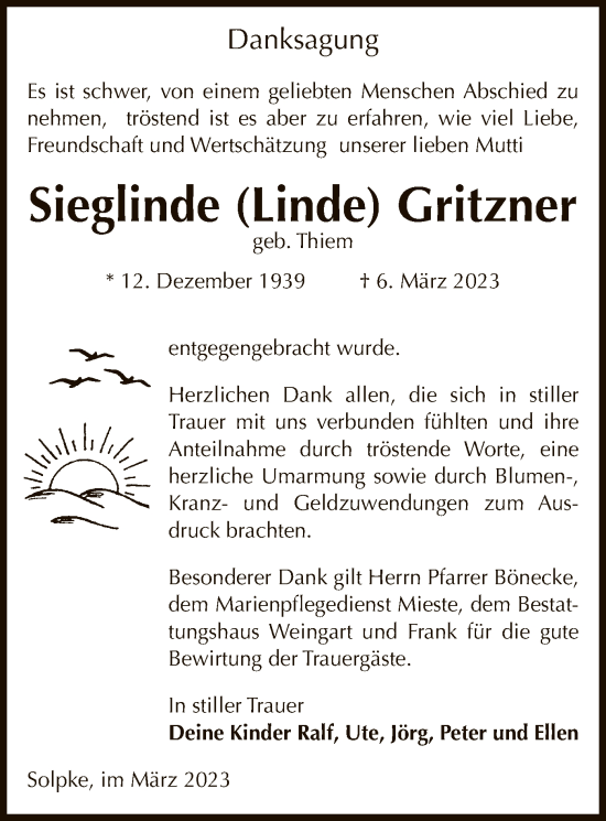 Traueranzeige von Sieglinde Gritzner von UEL