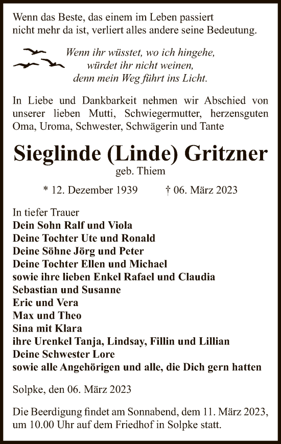 Traueranzeige von Sieglinde Gritzner von UEL