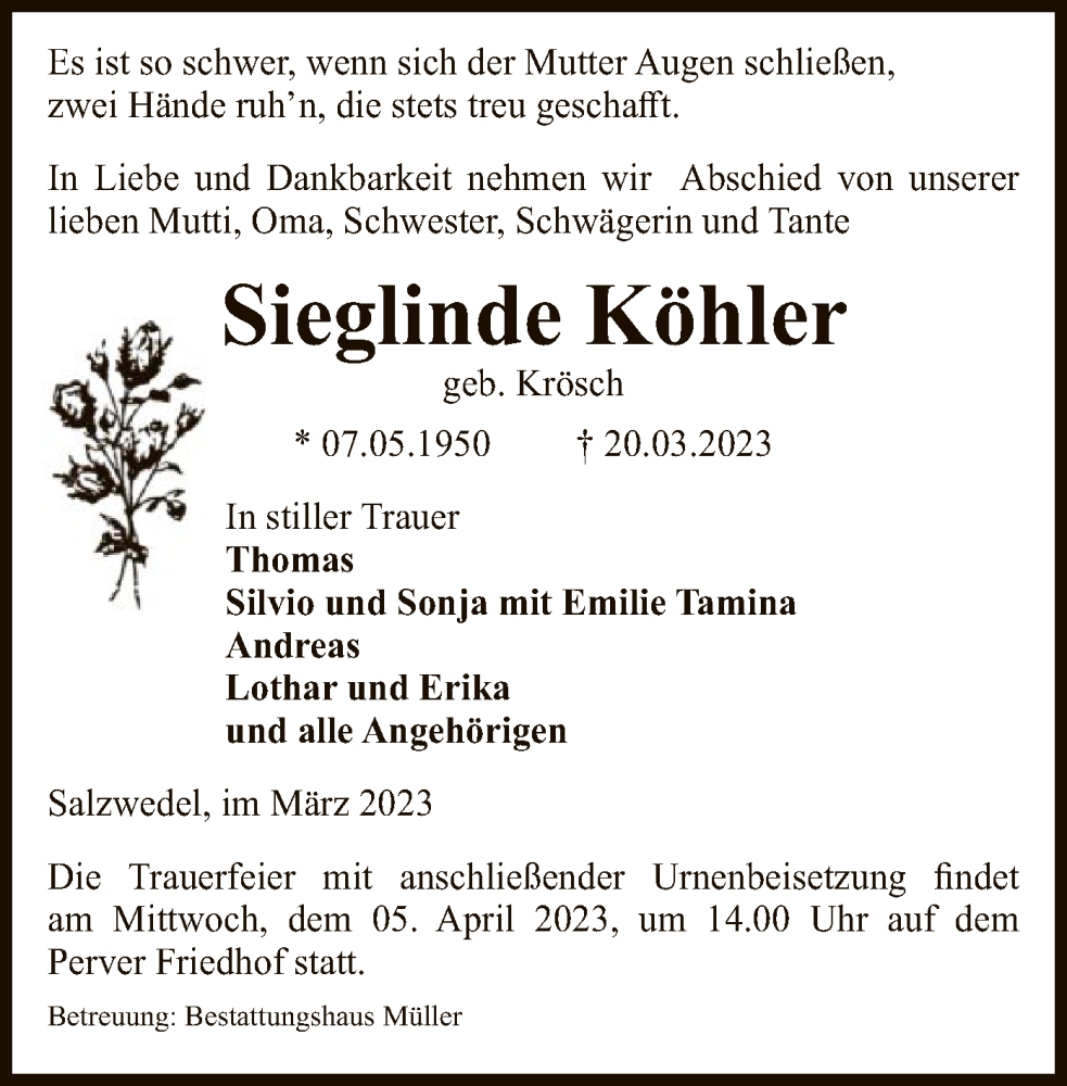  Traueranzeige für Sieglinde Köhler vom 22.03.2023 aus UEL