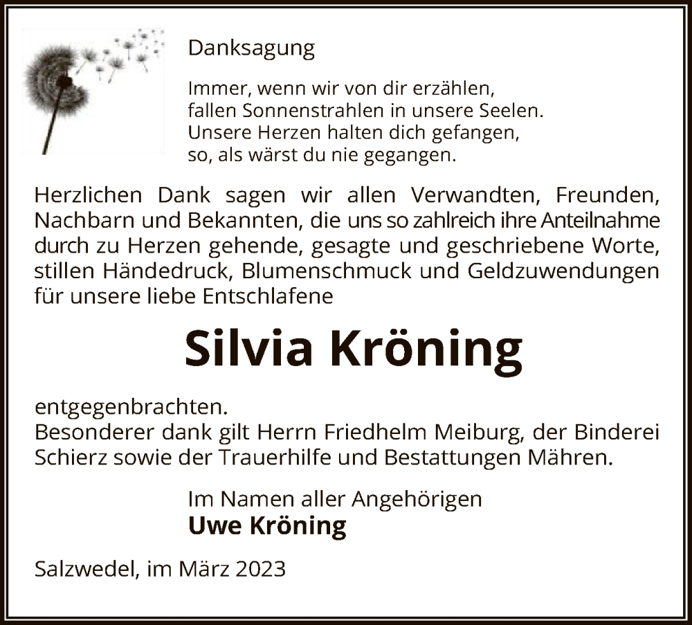  Traueranzeige für Silvia Kröning vom 24.03.2023 aus UEL