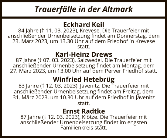 Traueranzeige von Sterbetafel vom 16.03.2023 von UEL