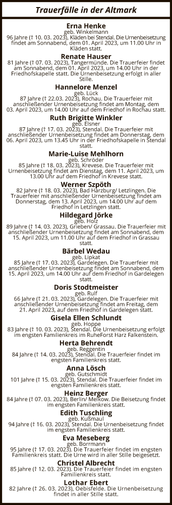 Traueranzeige von Sterbetafel vom 29.03.2023 von UEL