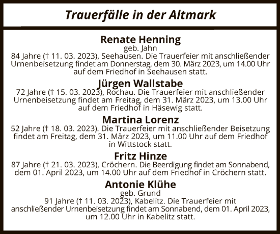 Traueranzeige von Totentafel vom 28.03.2023 von UEL