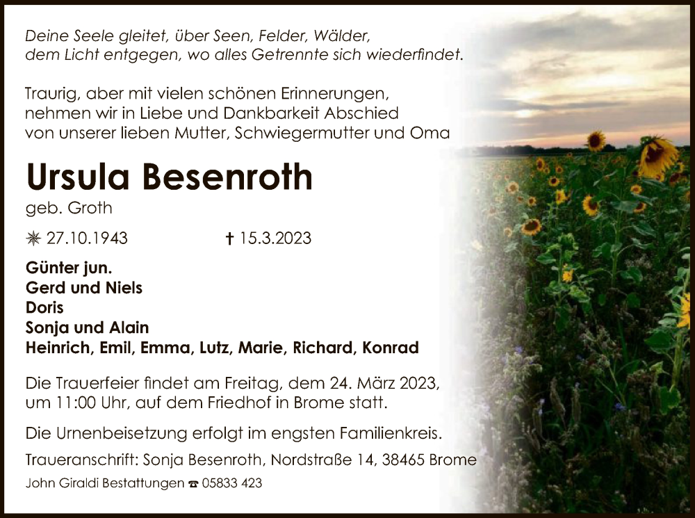  Traueranzeige für Ursula Besenroth vom 18.03.2023 aus UEL