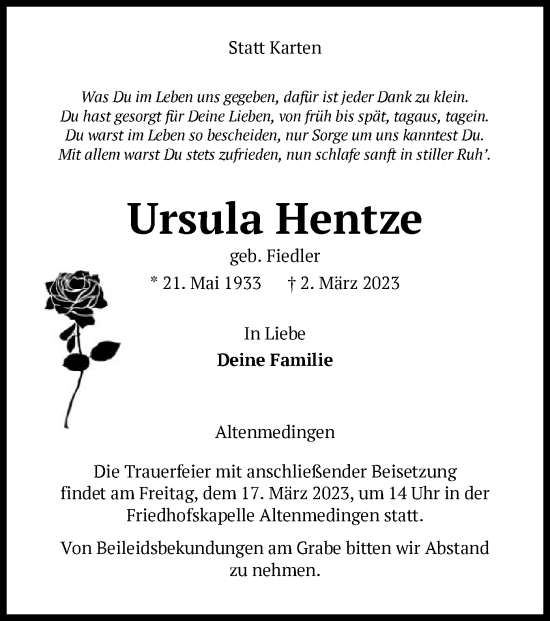 Traueranzeige von Ursula Hentze von UEL