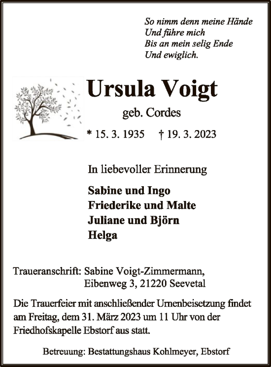 Traueranzeige von Ursula Voigt von UEL