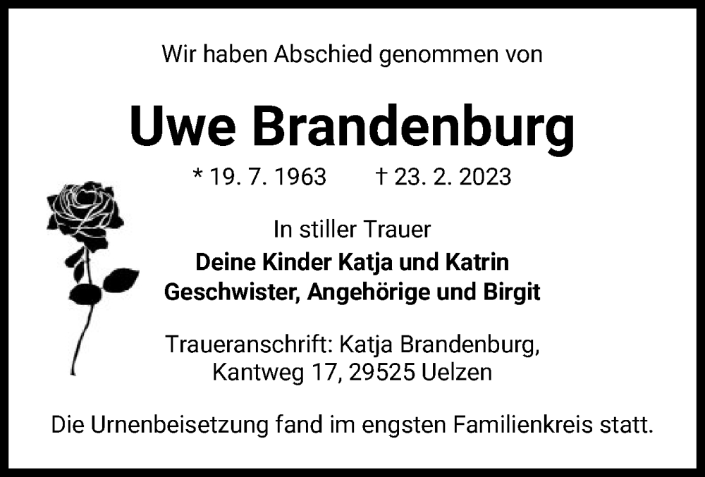  Traueranzeige für Uwe Brandenburg vom 18.03.2023 aus UEL