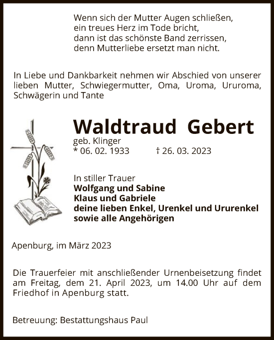 Traueranzeige von Waldtraud Gebert von UEL