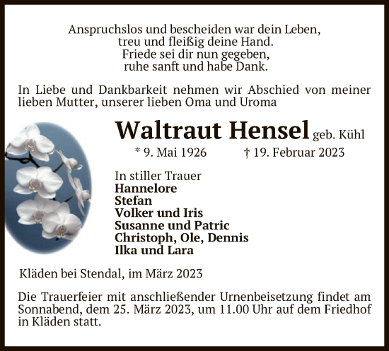 Traueranzeige von Waltraut Hensel von UEL