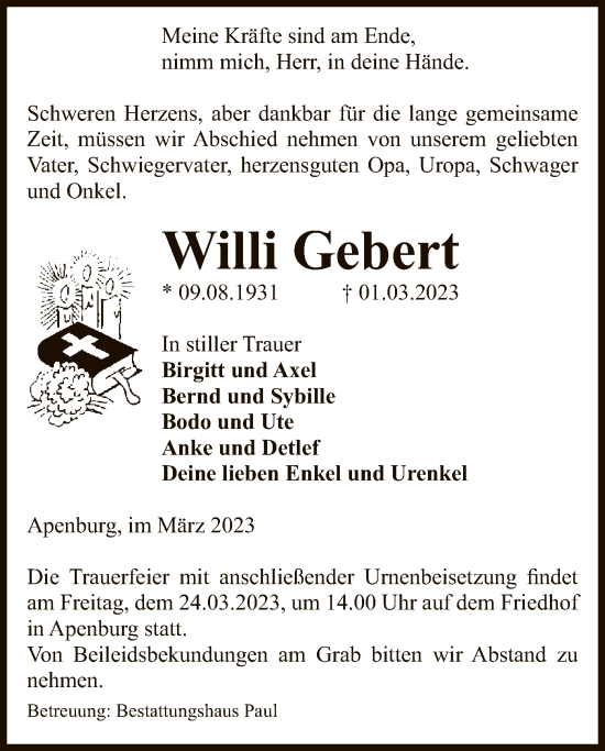 Traueranzeige von Willi Gebert von UEL