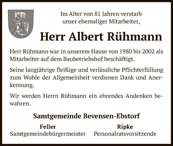 Traueranzeige von Albert Rühmann von UEL