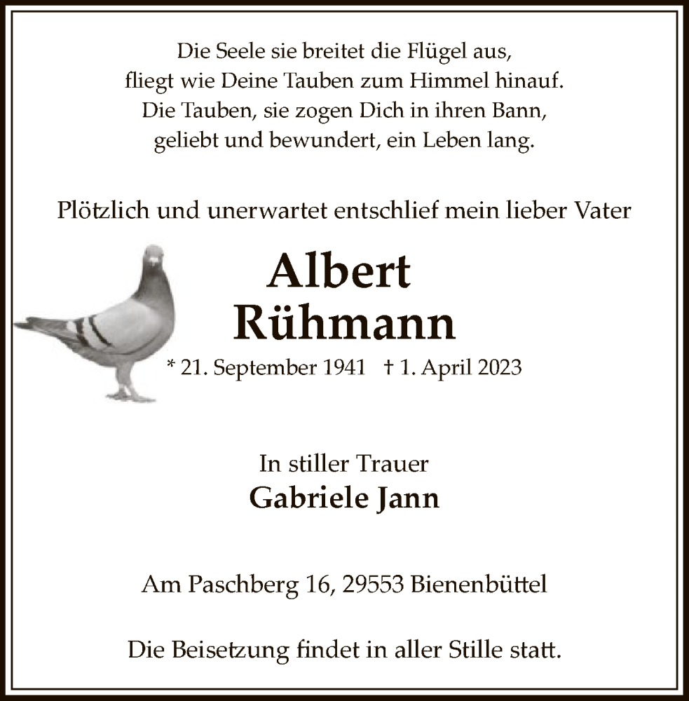  Traueranzeige für Albert Rühmann vom 08.04.2023 aus UEL