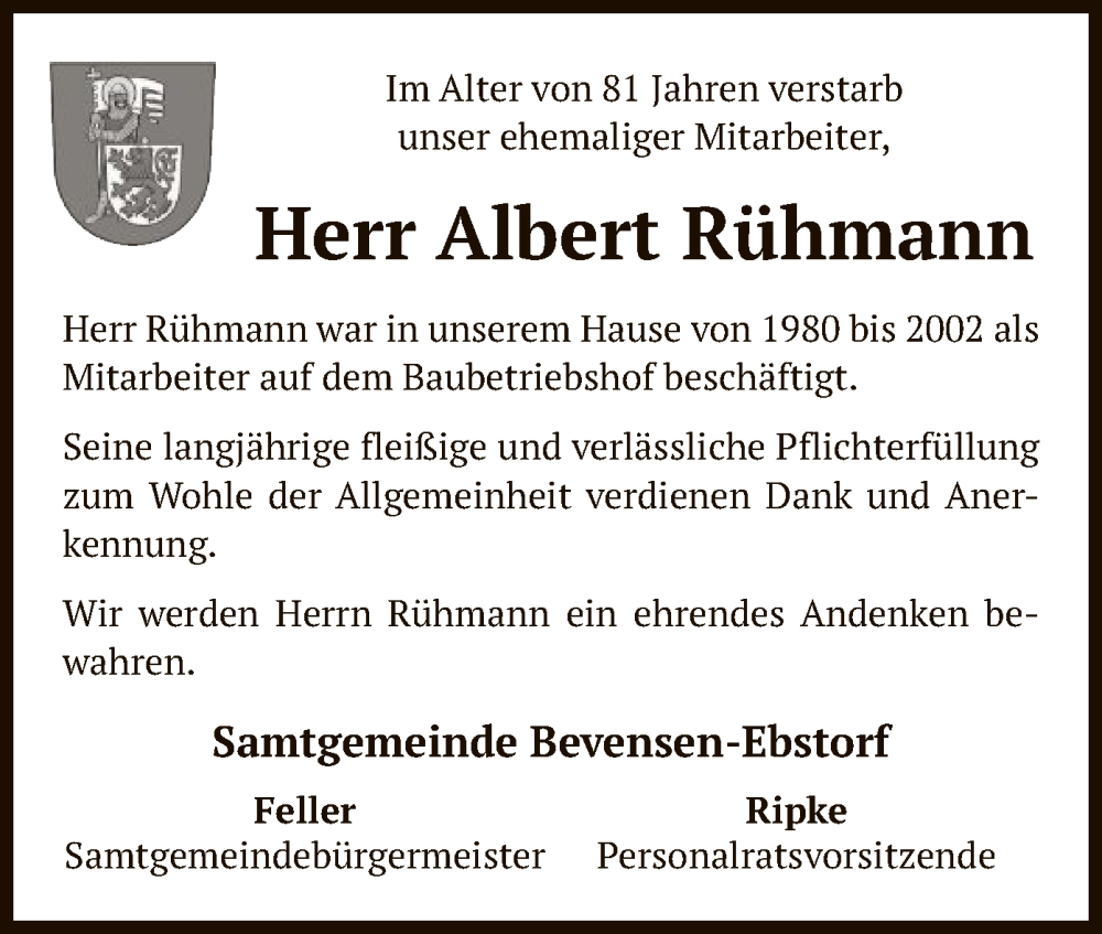 Traueranzeige für Albert Rühmann vom 13.04.2023 aus UEL
