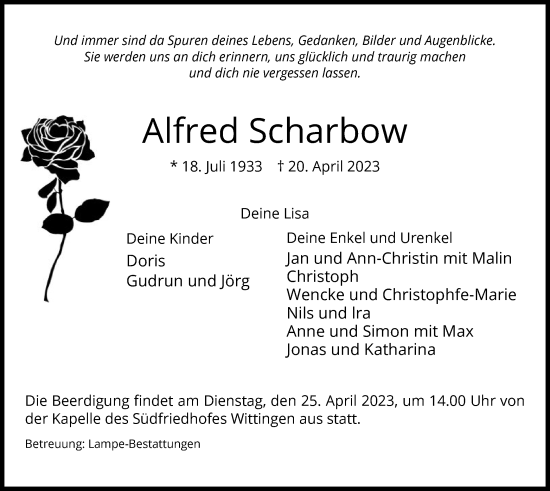 Traueranzeige von Alfred Scharbow von UEL