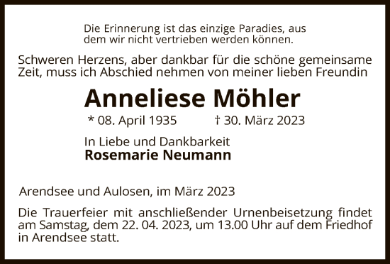 Traueranzeige von Anneliese Möhler von UEL