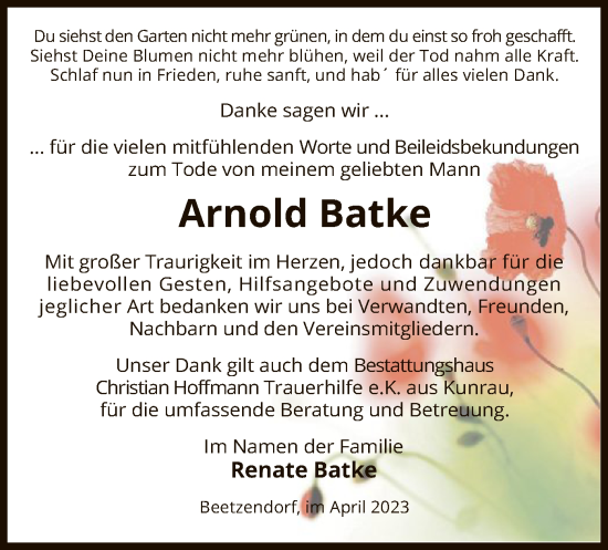 Traueranzeige von Arnold Batke von UEL