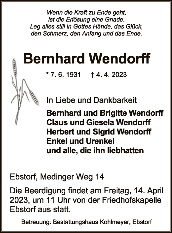 Traueranzeige von Bernhard Wendorff von UEL