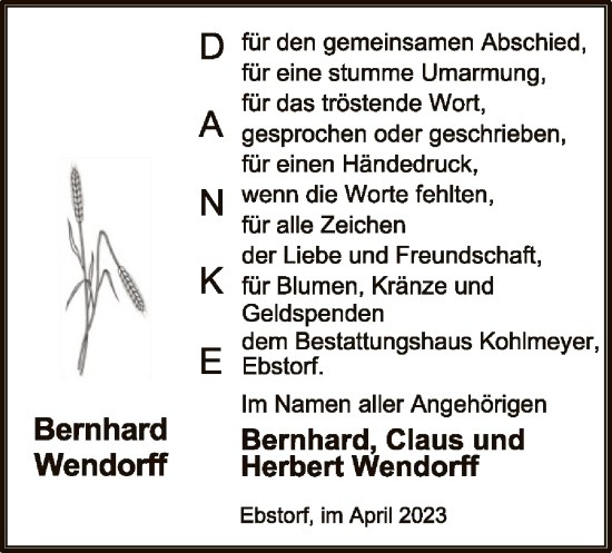 Traueranzeige von Bernhard Wendorff von UEL