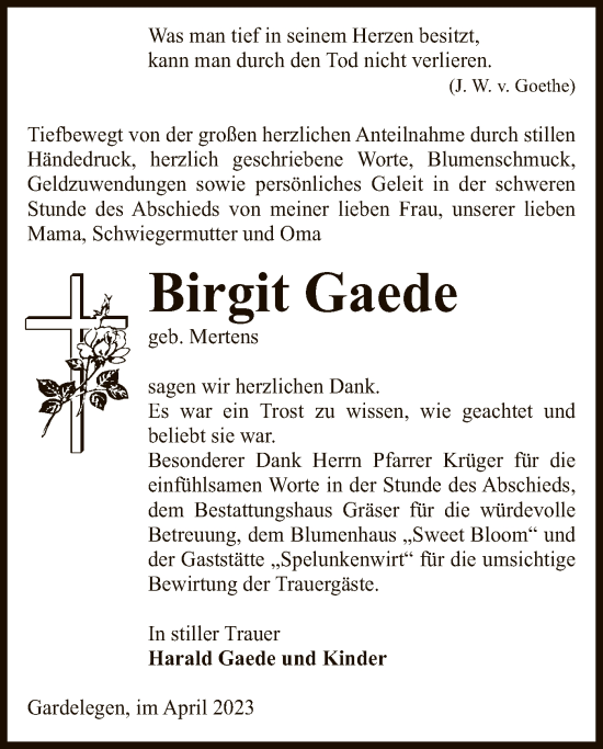 Traueranzeige von Birgit Gaede von UEL