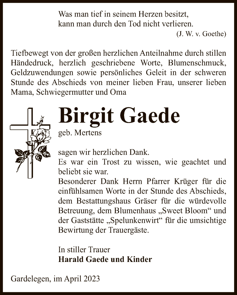  Traueranzeige für Birgit Gaede vom 15.04.2023 aus UEL