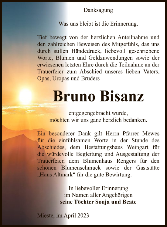 Traueranzeige von Bruno Bisanz von UEL