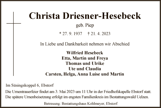 Traueranzeige von Christa Driesner-Hesebeck von UEL