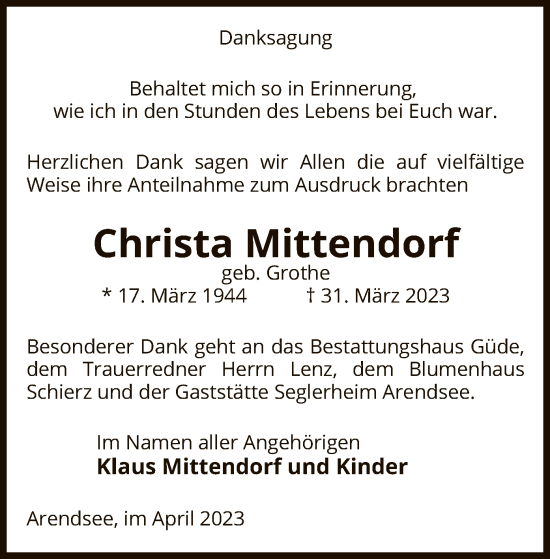 Traueranzeige von Christa Mittendorf von UEL