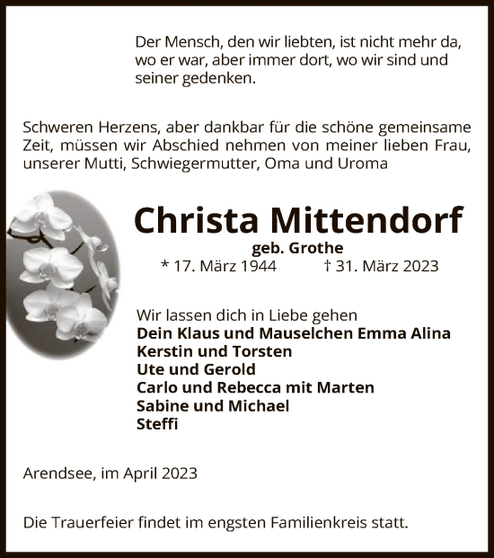 Traueranzeige von Christa Mittendorf von UEL