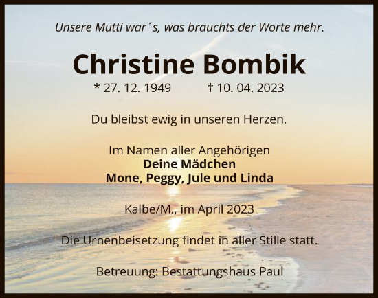 Traueranzeige von Christine Bombik von UEL