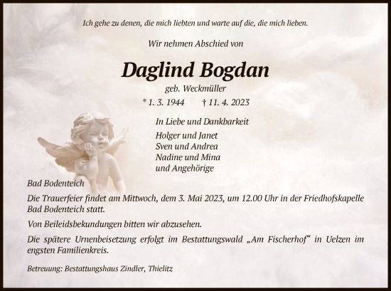 Traueranzeige von Daglind Bogdan von UEL