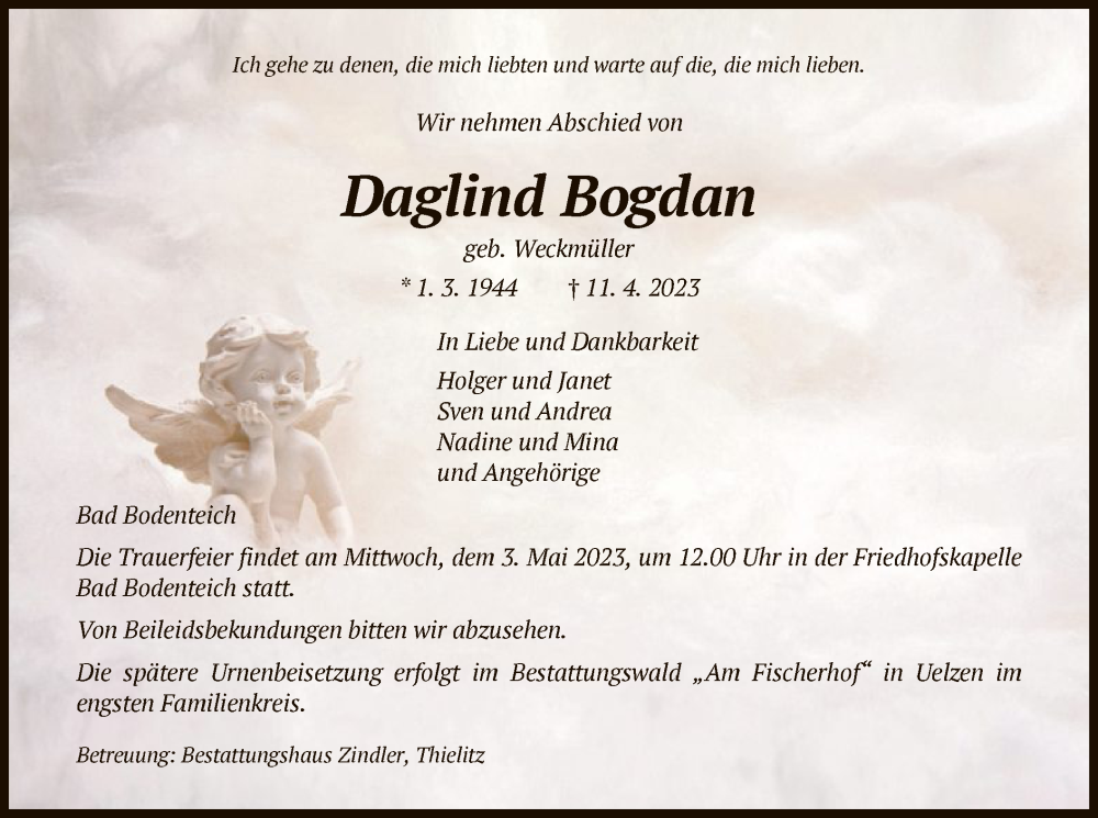  Traueranzeige für Daglind Bogdan vom 22.04.2023 aus UEL