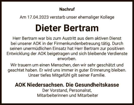 Traueranzeige von Dieter Bertram von UEL