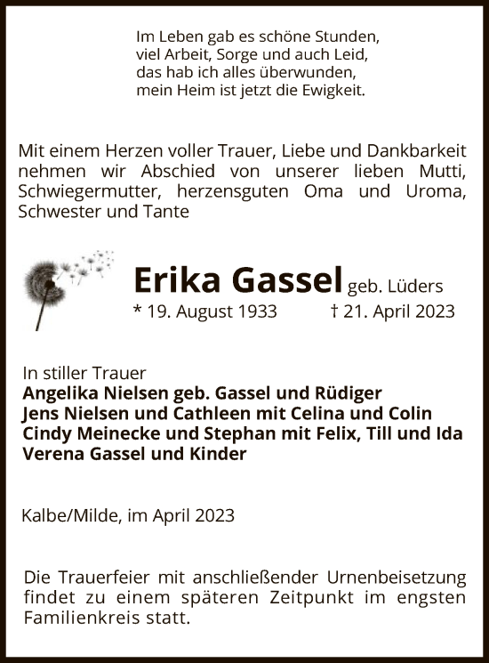 Traueranzeige von Erika Gassel von UEL