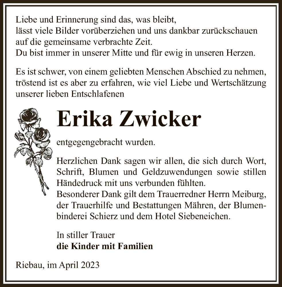 Traueranzeige für Erika Zwicker vom 15.04.2023 aus UEL