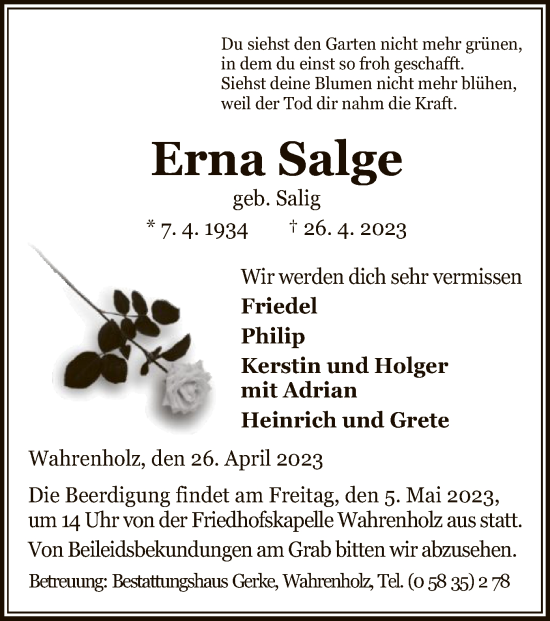 Traueranzeige von Erna Salge von UEL