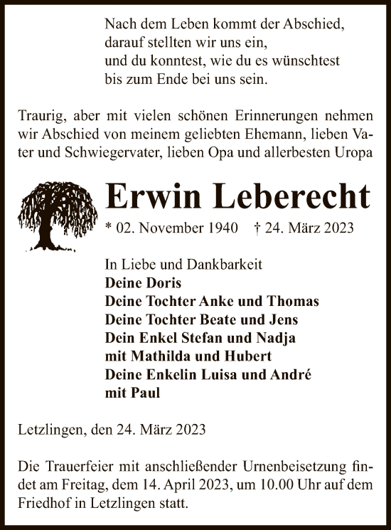 Traueranzeige von Erwin Leberecht von UEL